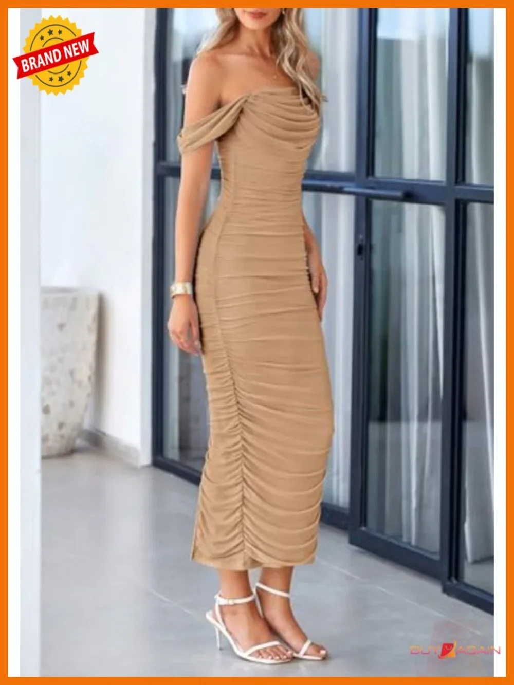 Off Shoulder Strapless Maxi Dress Ruched Bodycon Wedding Guest